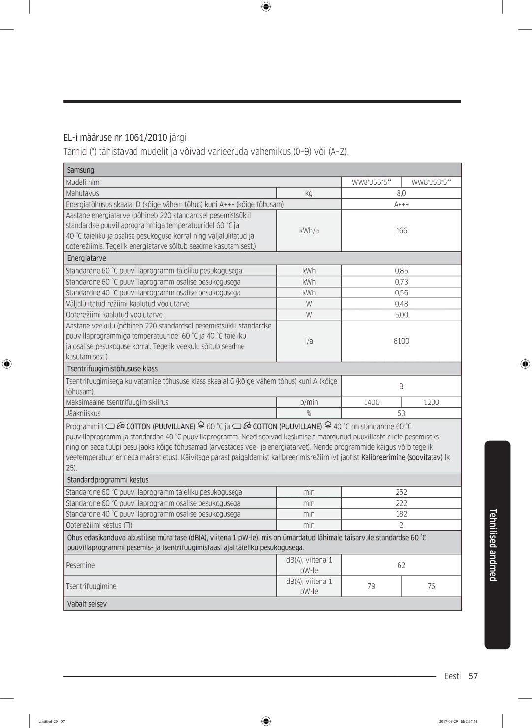 Samsung WW70J5355MW/AD, WW70J5355FW/AD manual Eesti 57  